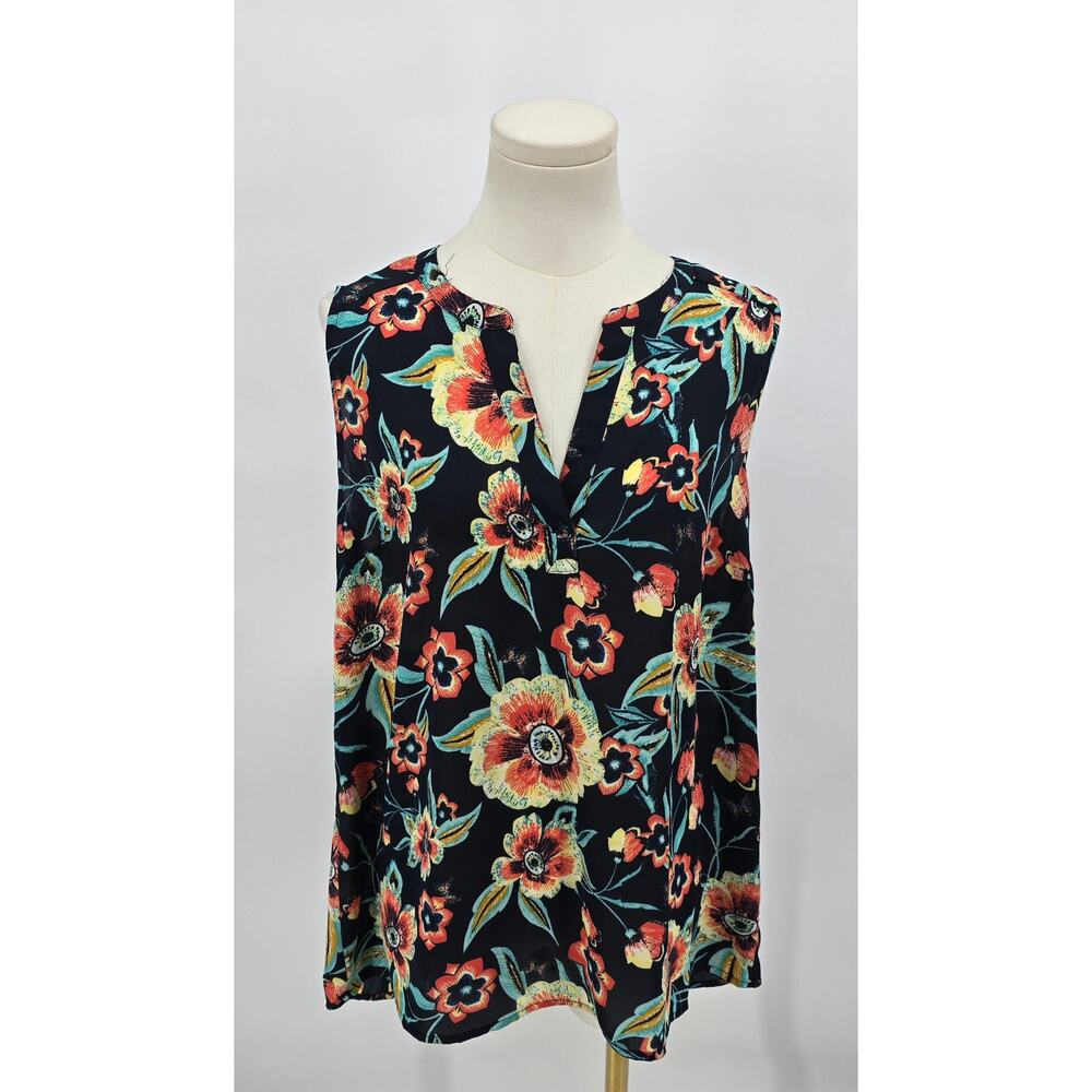 DR2 Sleeveless Floral Blouse Large Navy Coral‎ Yellow Split Neck Flowy Spring